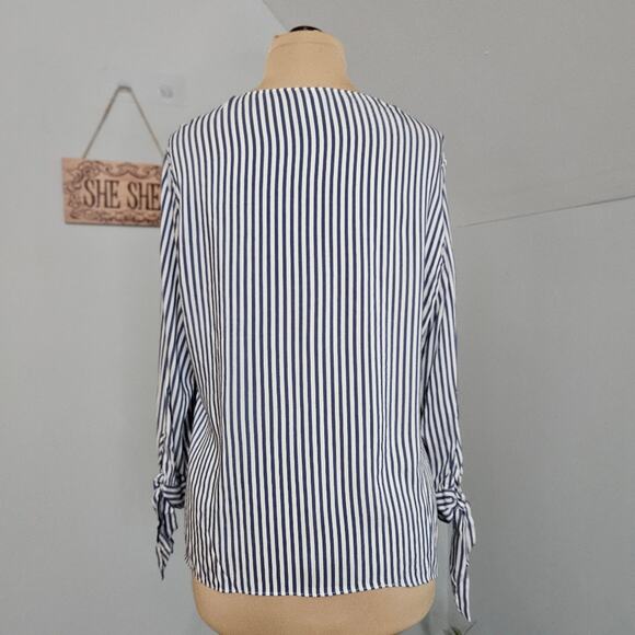 Chico's Top Womens XLP Striped Ruffle Front Tie Sleeve Blouse Career Corpcore - Picture 6 of 16